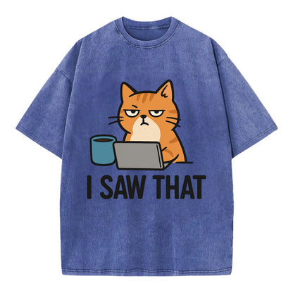 Cat with one eye open judging you - "I SAW THAT" - nothing escapes notice - Vintage T-shirt - Blue
