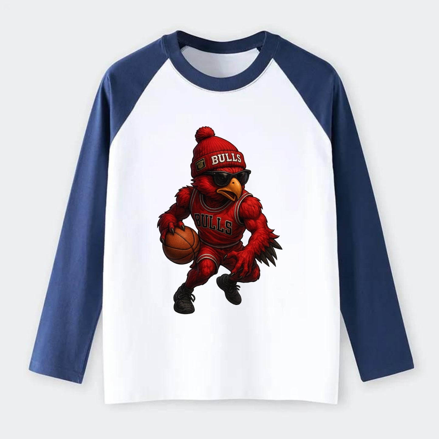 Windy City Hawk wearing Bulls beanie with six rings patch and wayfarer - Raglan Long Sleeve T-Shirt - Blue