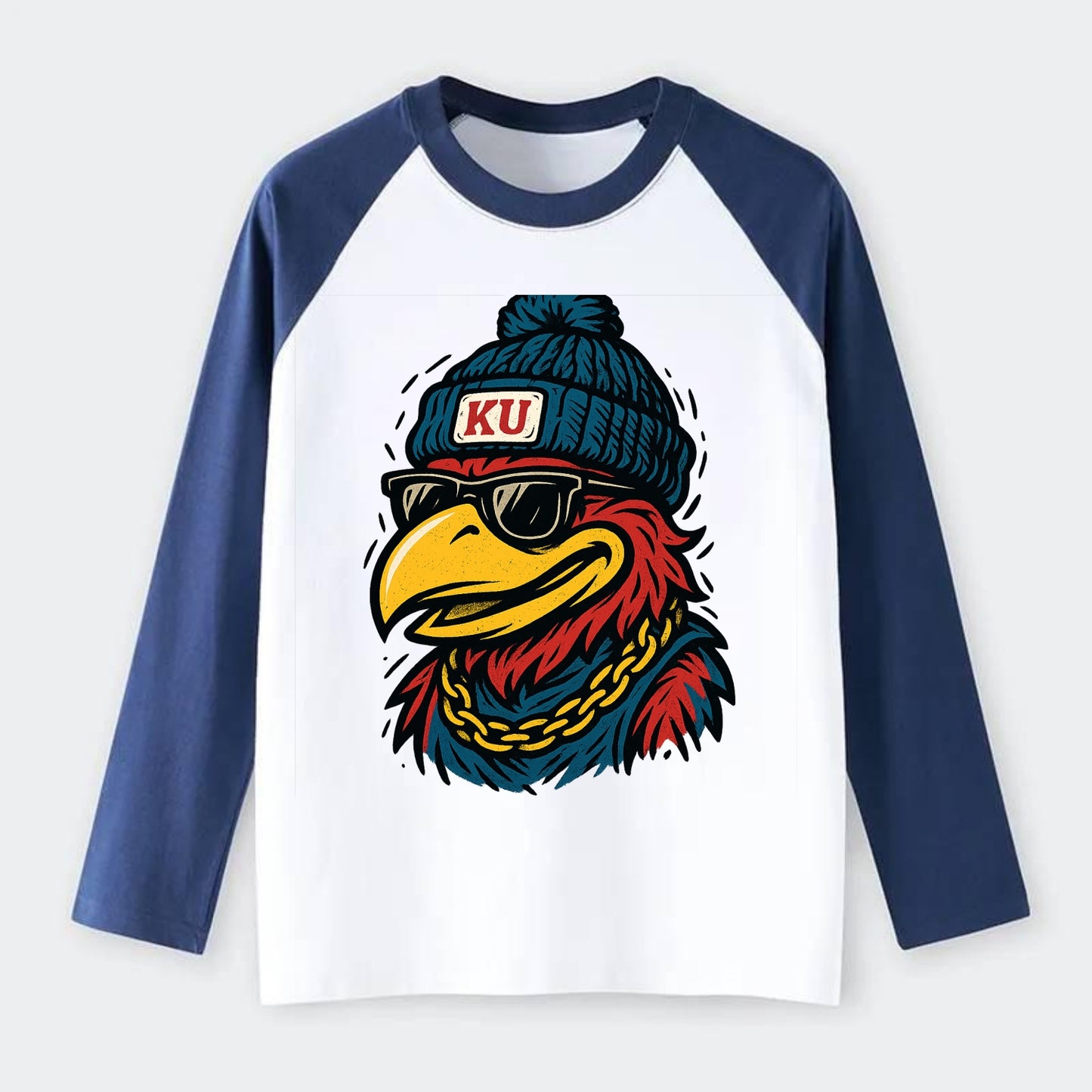 Lawrence Jayhawk wearing Kansas beanie with KU patch - Raglan Long Sleeve T-Shirt - Blue