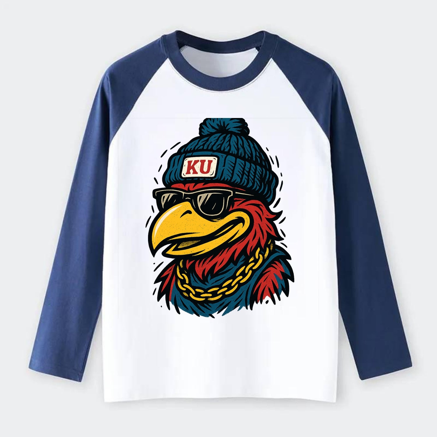 Lawrence Jayhawk wearing Kansas beanie with KU patch - Raglan Long Sleeve T-Shirt - Blue