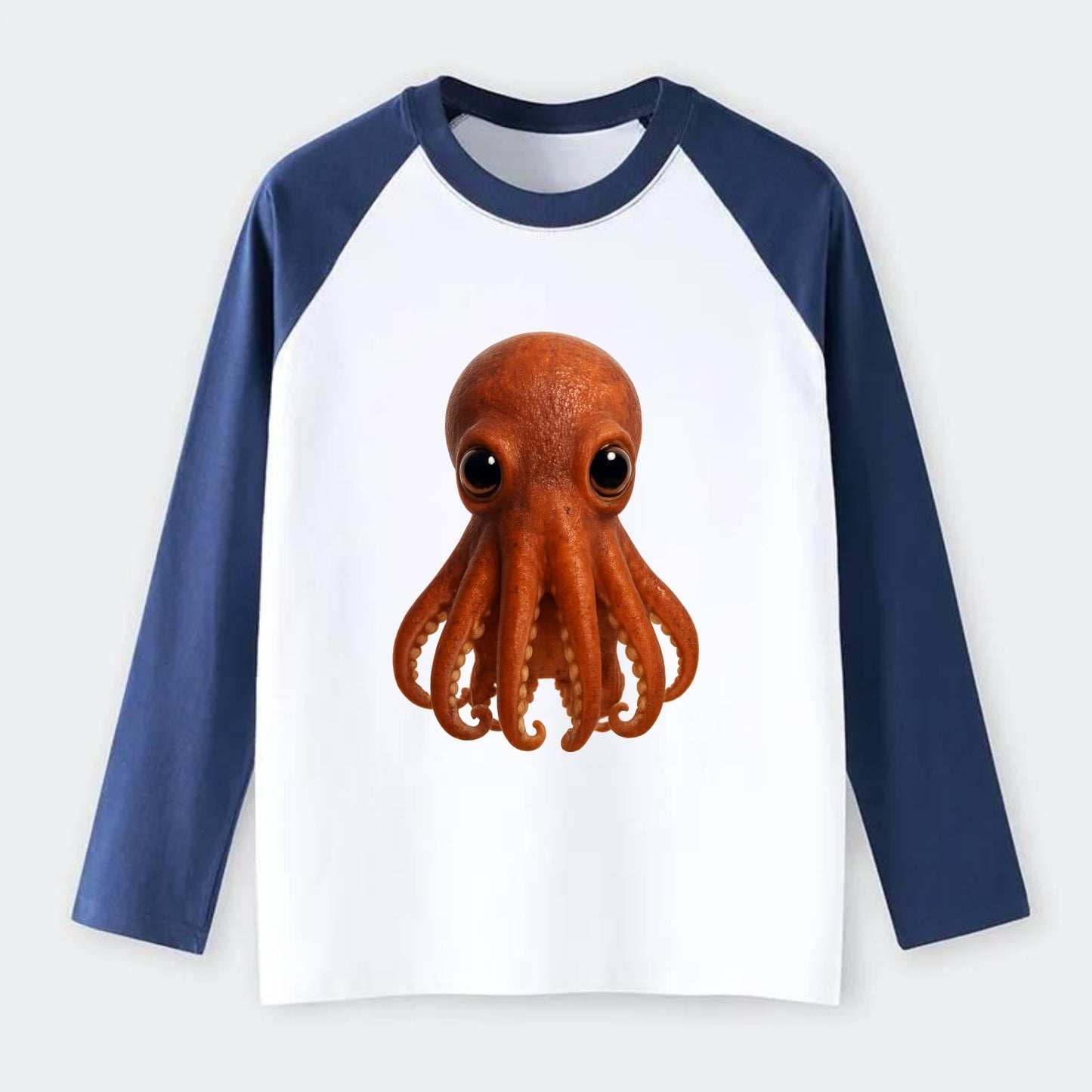 Baby Giant Pacific Octopus - reddish, smaller tentacles, expressive - Raglan Long Sleeve T-Shirt - Blue