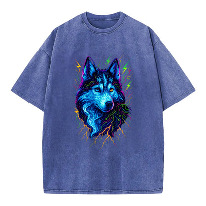 Siberian husky with ice-crystal flowing patterns, electric blue and white swirls, - Vintage T-shirt - Blue
