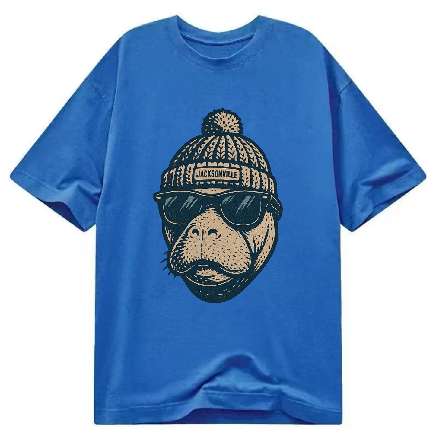 Jacksonville Manatee wearing Jacksonville beanie with pom pom and wayfarer - Classic T-shirt - Blue