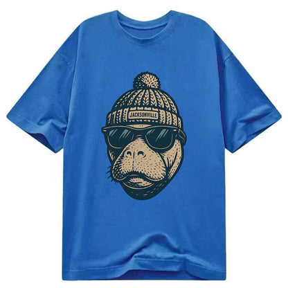 Jacksonville Manatee wearing Jacksonville beanie with pom pom and wayfarer - Classic T-shirt - Blue