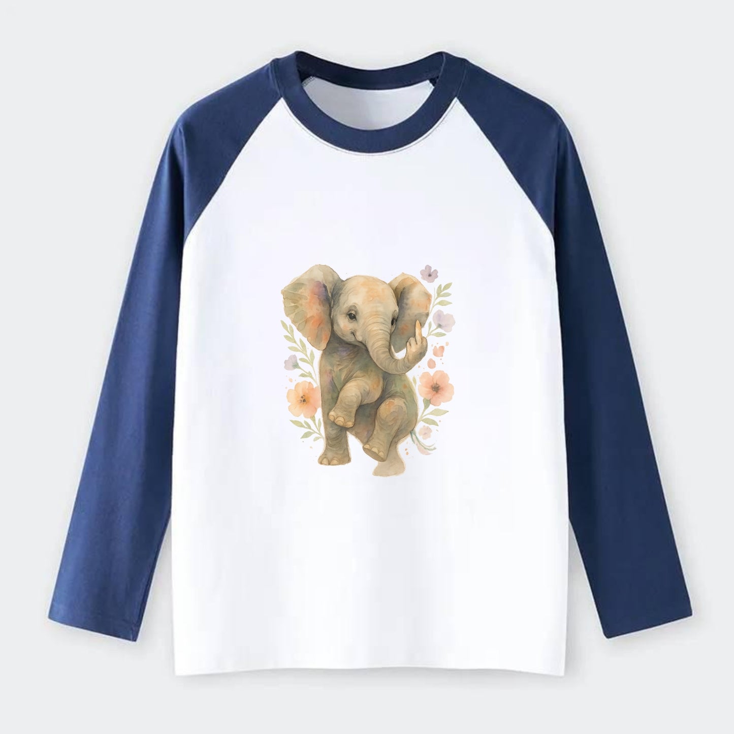 baby elephant with trunk up, one foot raised with middle toe extended - Raglan Long Sleeve T-Shirt - Blue