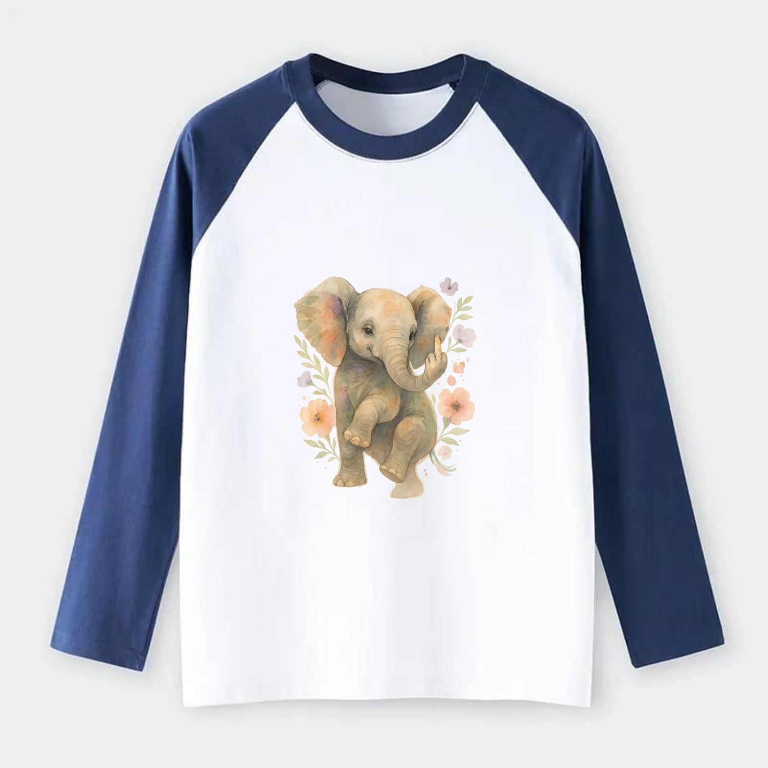 baby elephant with trunk up, one foot raised with middle toe extended - Raglan Long Sleeve T-Shirt - Blue