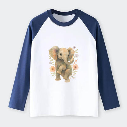 baby elephant with trunk up, one foot raised with middle toe extended - Raglan Long Sleeve T-Shirt - Blue