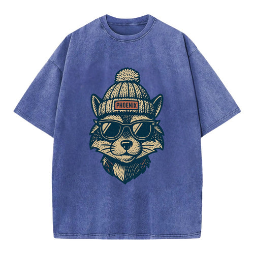 Arizona Ringtail wearing Phoenix beanie with pom pom and wayfarer sunglasses - Vintage T-shirt
