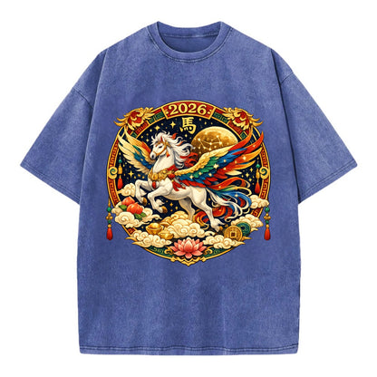CELESTIAL HORSE | Heavenly horse among clouds and stars | Wings of flowing energy - Vintage T-shirt - Blue