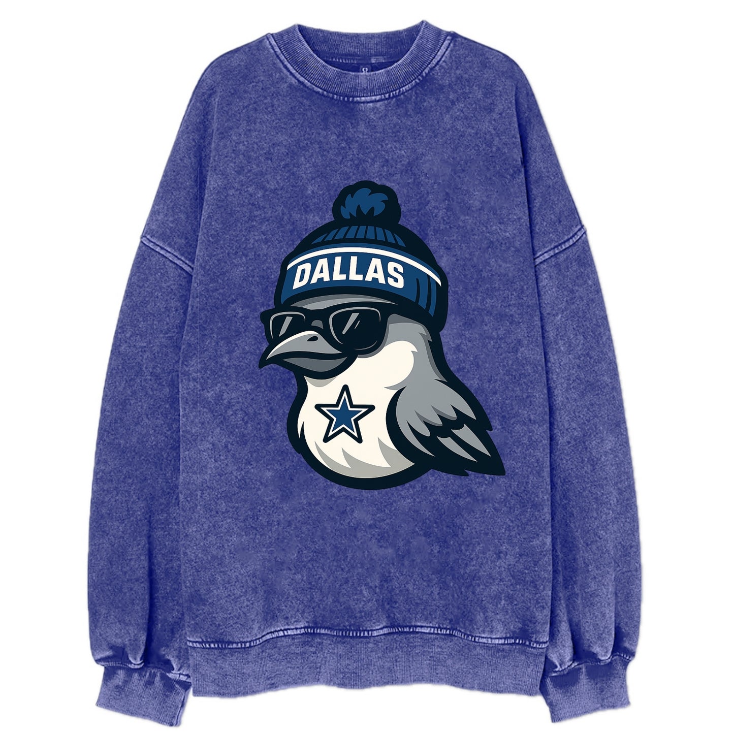 Dallas Mockingbird wearing Cowboys beanie with sheriff star and wayfarer - Vintage Sweatshirt - Blue