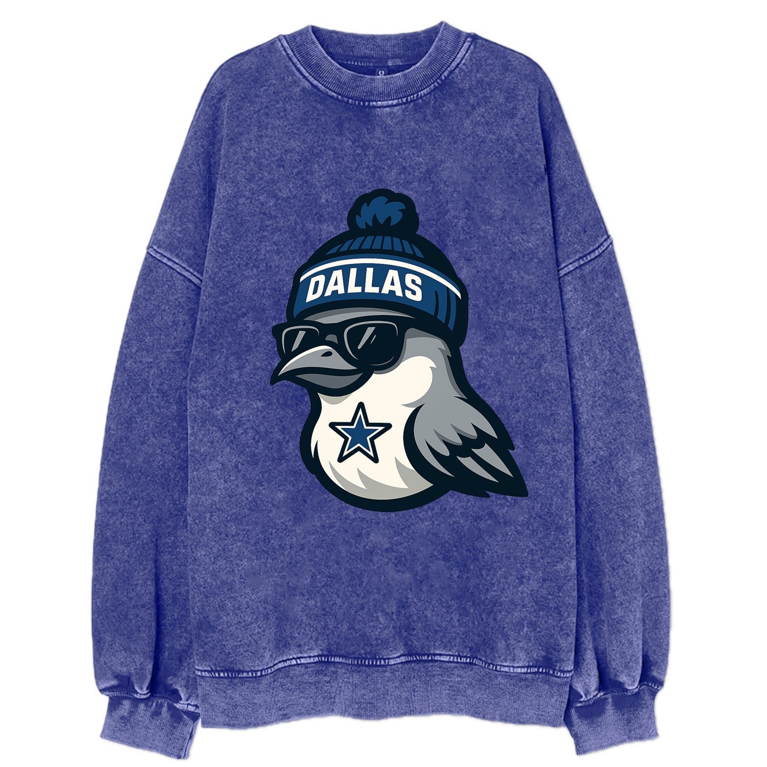 Dallas Mockingbird wearing Cowboys beanie with sheriff star and wayfarer - Vintage Sweatshirt - Blue