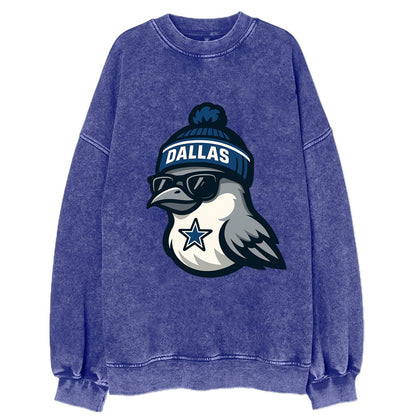Dallas Mockingbird wearing Cowboys beanie with sheriff star and wayfarer - Vintage Sweatshirt - Blue