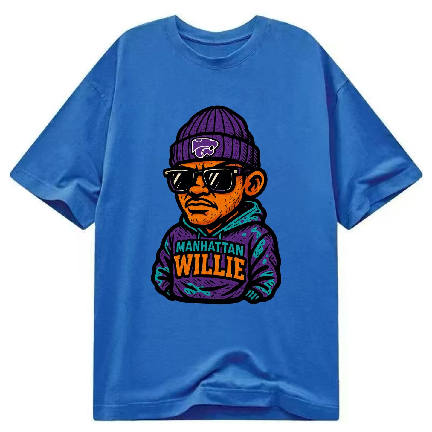 Manhattan Willie wearing Kansas State beanie with powercat patch - Classic T-shirt - Blue