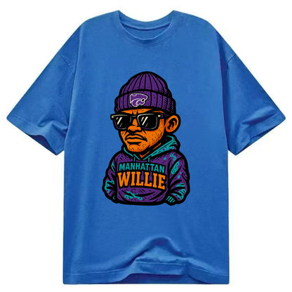 Manhattan Willie wearing Kansas State beanie with powercat patch - Classic T-shirt - Blue