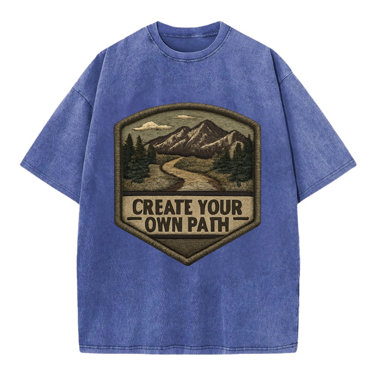 CREATE YOUR OWN PATH - trail with text in brown , independence - Vintage T-shirt - Blue