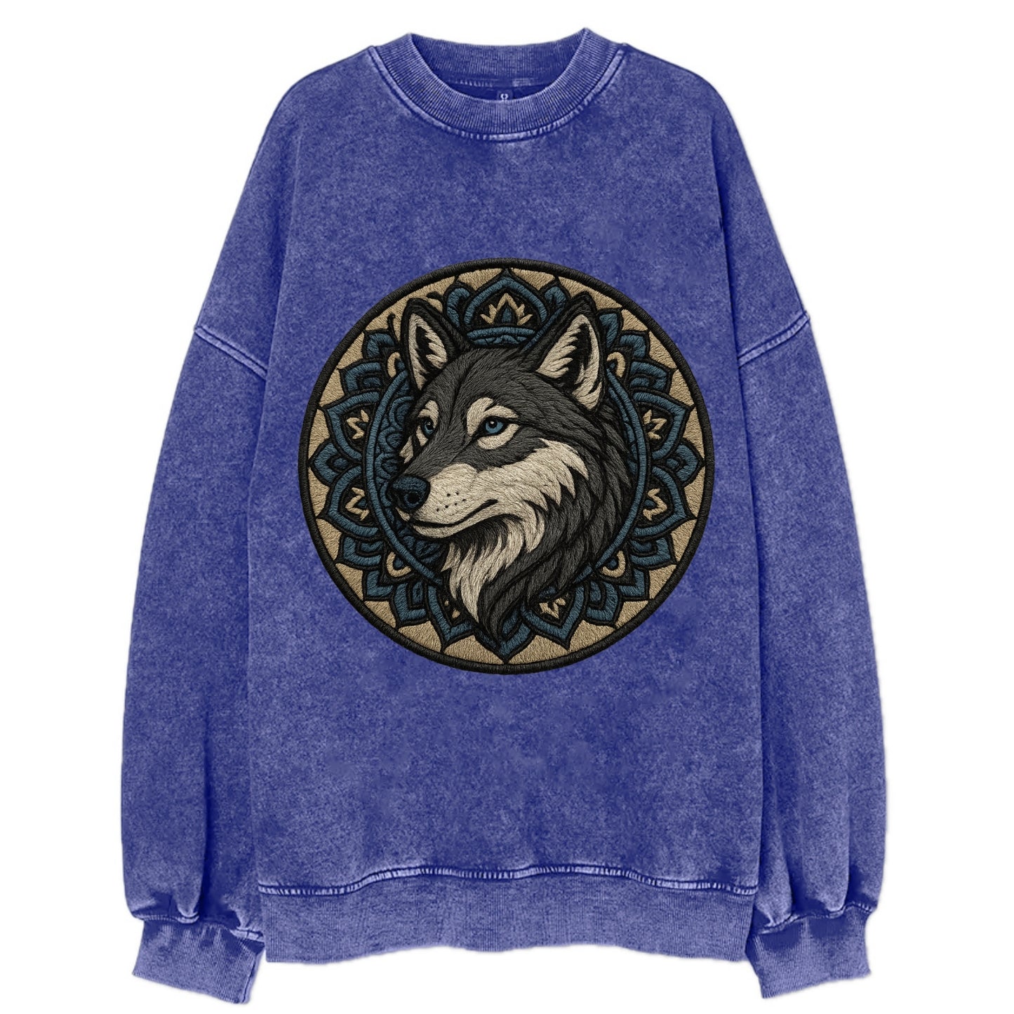 Mandala Wolf Pattern  - Vintage Sweatshirt - Blue