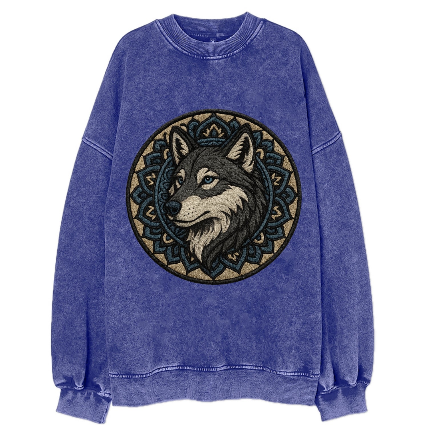 Mandala Wolf Pattern  - Vintage Sweatshirt - Blue
