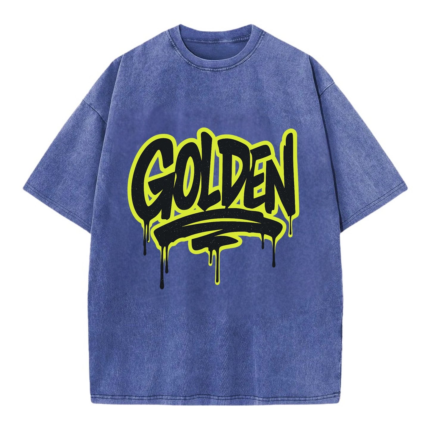 Bold typography design - "GOLDEN" - precious, valuable, excellent - Vintage T-shirt - Blue