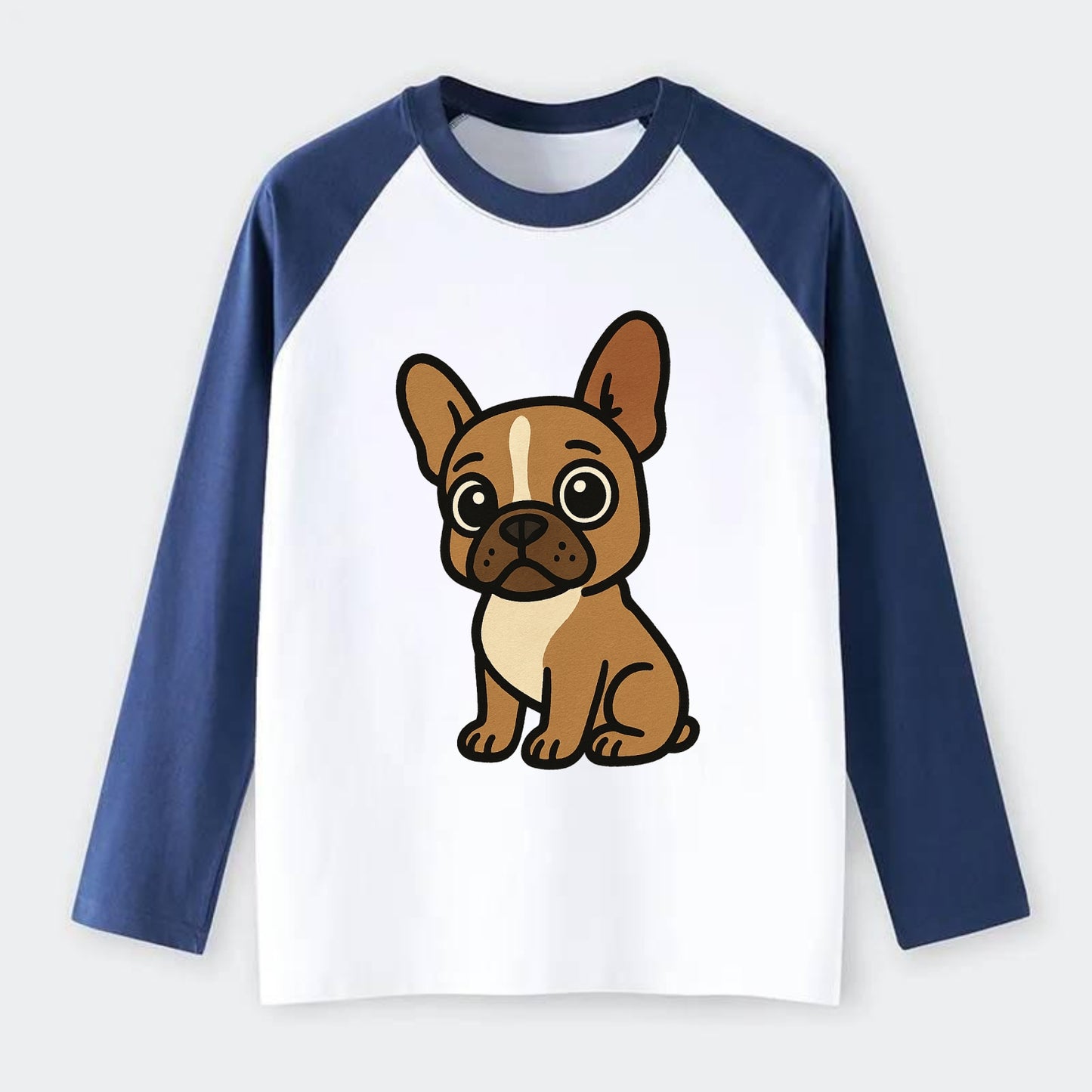 French Bulldog - Head tilt one ear up - Raglan Long Sleeve T-Shirt - Blue