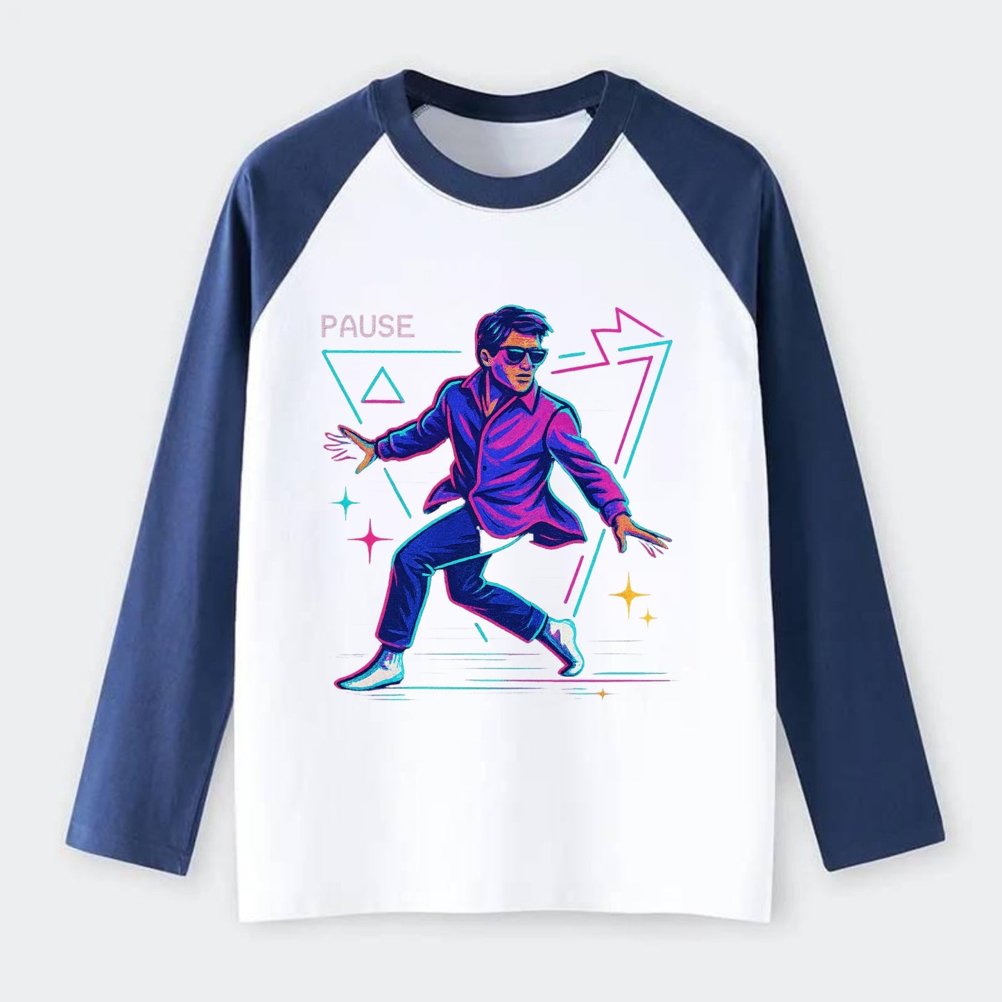 confident figure sliding across polished wooden floor in socks and - Raglan Long Sleeve T-Shirt - Blue