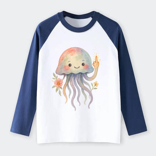 jellyfish with kawaii face and tentacles, one tentacle pointing up - Raglan Long Sleeve T-Shirt