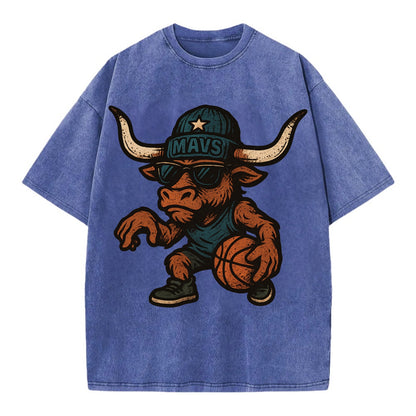 Texas Longhorn wearing Mavs beanie with lone star patch and wayfarer sunglasses - Vintage T-shirt - Blue