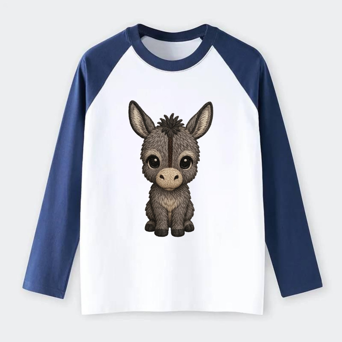 Baby Donkey Foal - gray fluffy, long ears, dark stripe, gentle eyes, - Raglan Long Sleeve T-Shirt - Blue