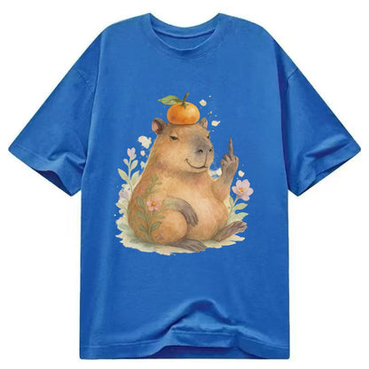 chonky capybara relaxing with orange on head, one webbed middle finger up - Classic T-shirt - Blue