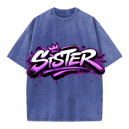 Bold typography design - "SISTER" - female bond, sisterhood - Vintage T-shirt - Blue