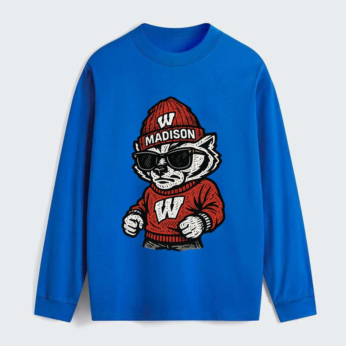 Madison Badger wearing Wisconsin beanie with motion W patch - Classic Long Sleeve Shirt - Blue