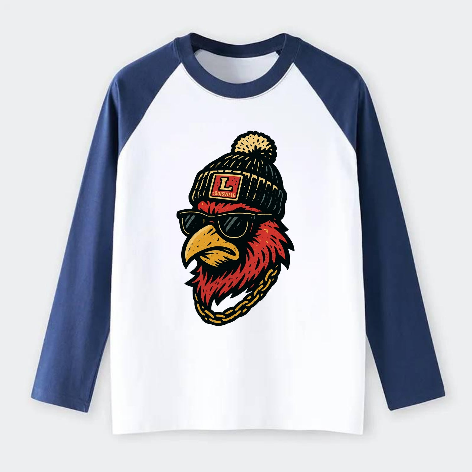 Louisville Cardinal wearing Louisville beanie with L patch - Raglan Long Sleeve T-Shirt - Blue