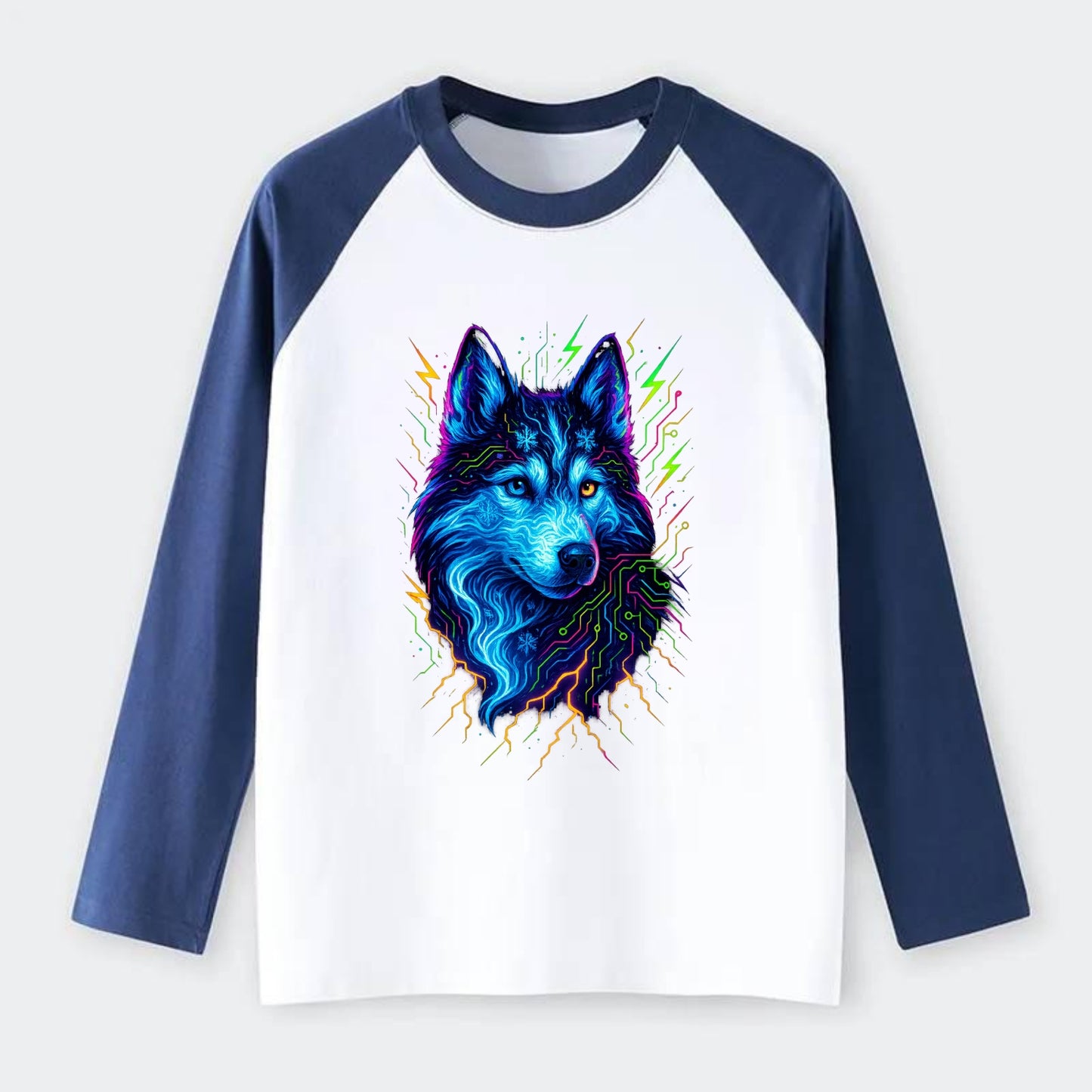 Siberian husky with ice-crystal flowing patterns, electric blue and - Raglan Long Sleeve T-Shirt - Blue