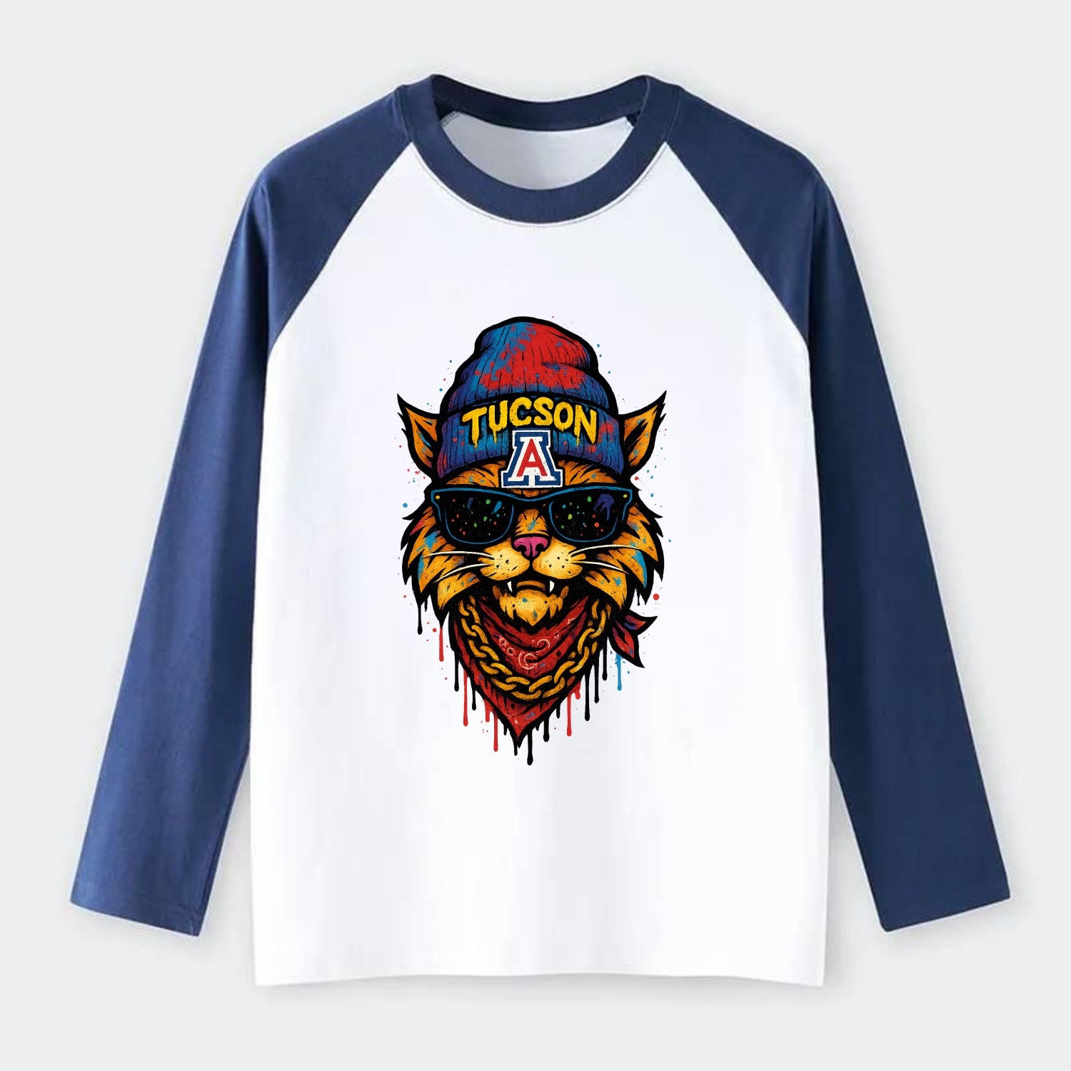 Tucson Wildcat wearing Arizona beanie with A patch - Raglan Long Sleeve T-Shirt - Blue