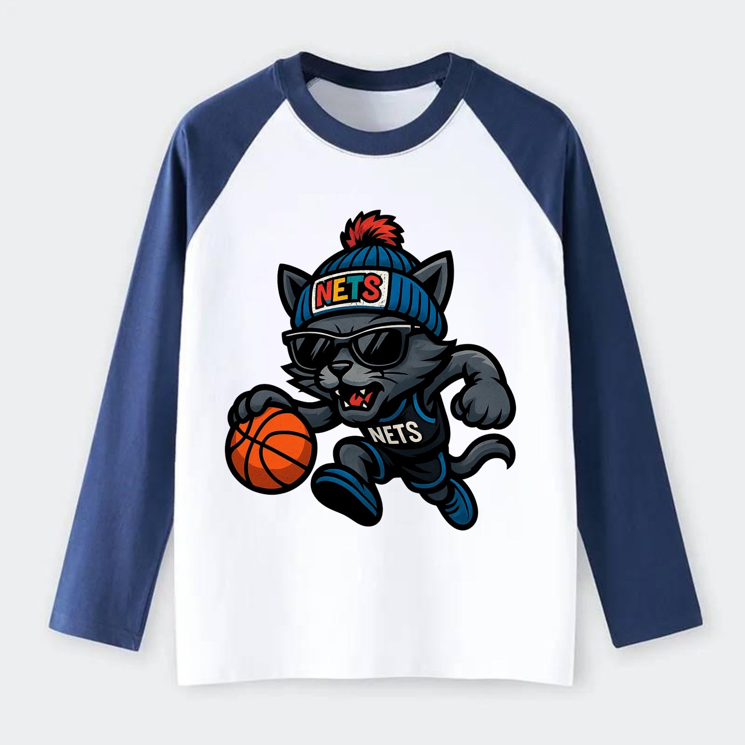 Brooklyn Cat wearing Nets beanie with street art patch and wayfarer - Raglan Long Sleeve T-Shirt - Blue