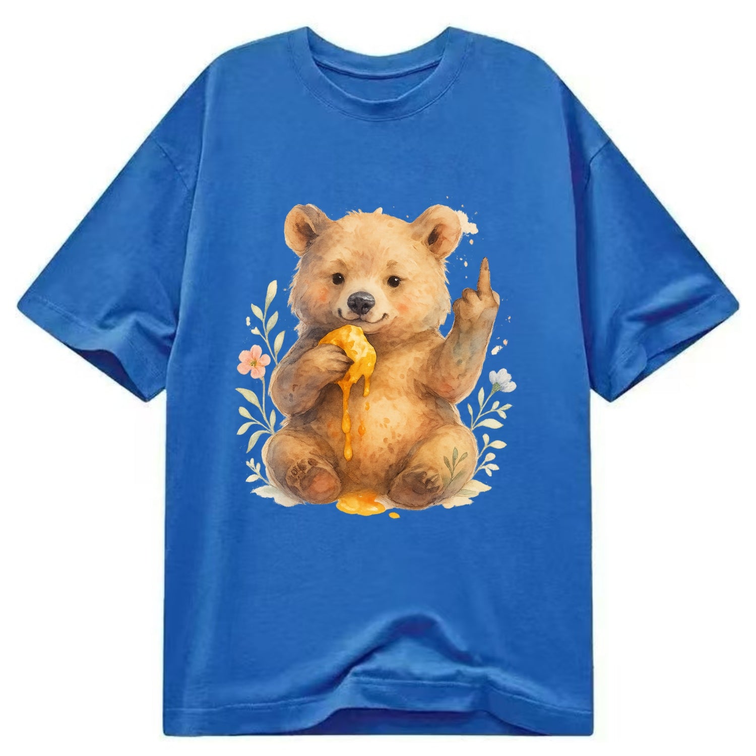 chubby bear cub eating dripping honey, sticky paw up with middle finger - Classic T-shirt - Blue