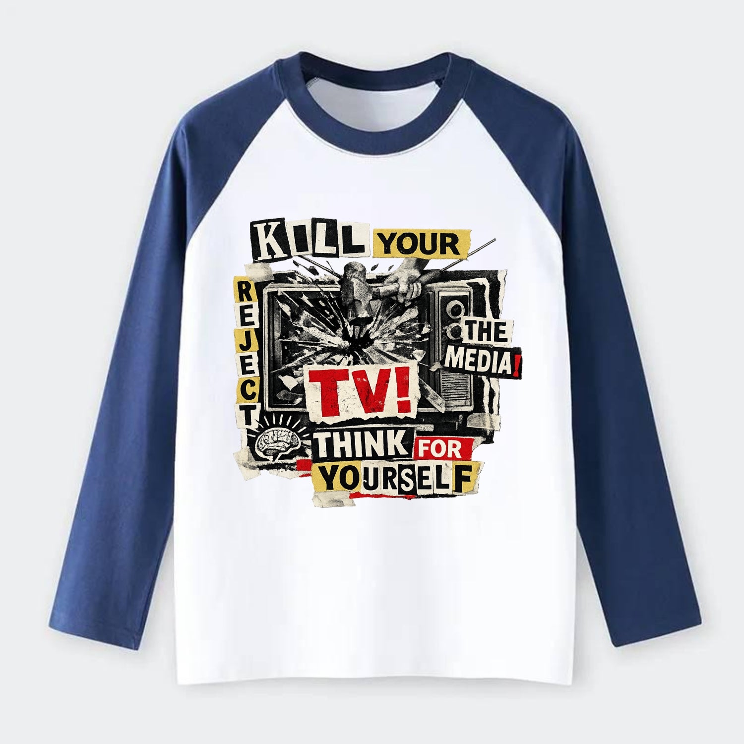 KILL YOUR TV | Smashed television | Reject media | Think for yourself - Raglan Long Sleeve T-Shirt - Blue