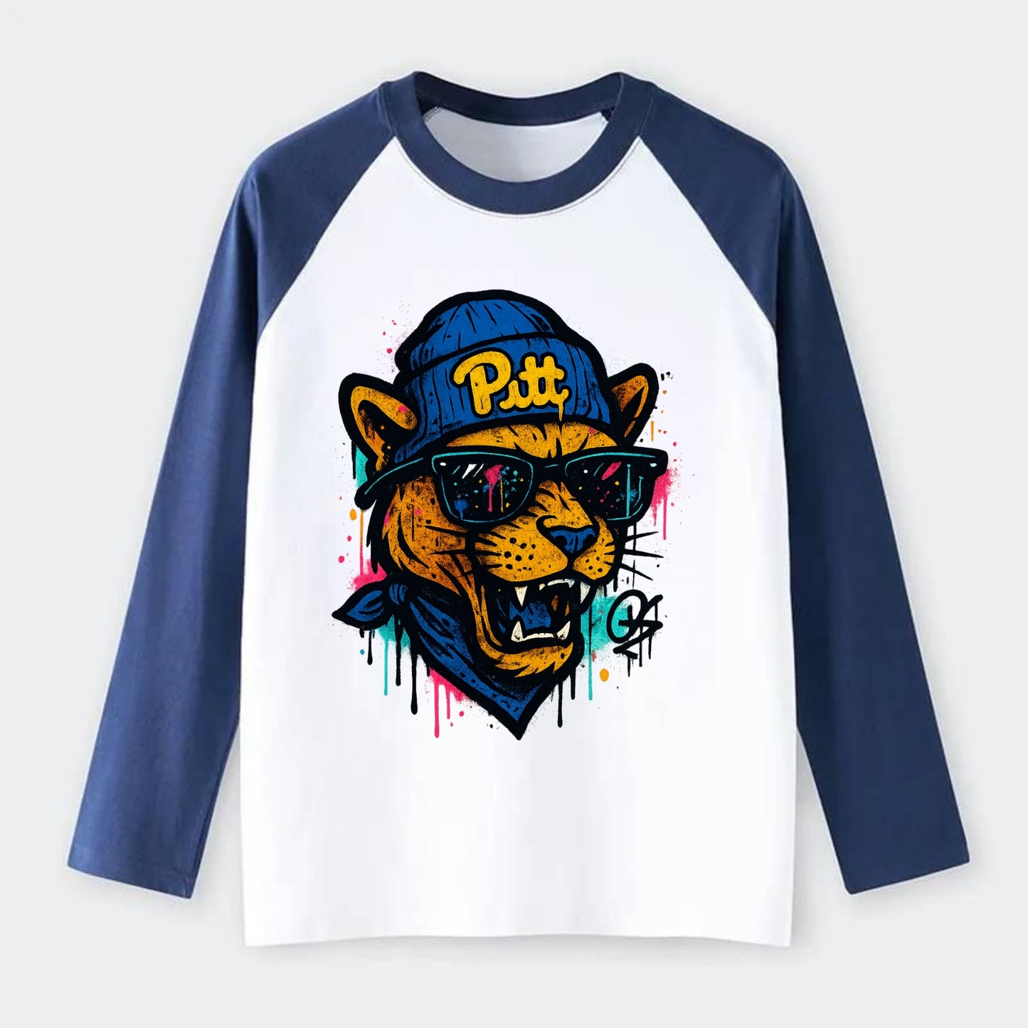 Pittsburgh Panther wearing Pitt beanie with script patch - Raglan Long Sleeve T-Shirt - Blue