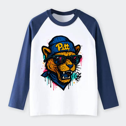 Pittsburgh Panther wearing Pitt beanie with script patch - Raglan Long Sleeve T-Shirt - Blue
