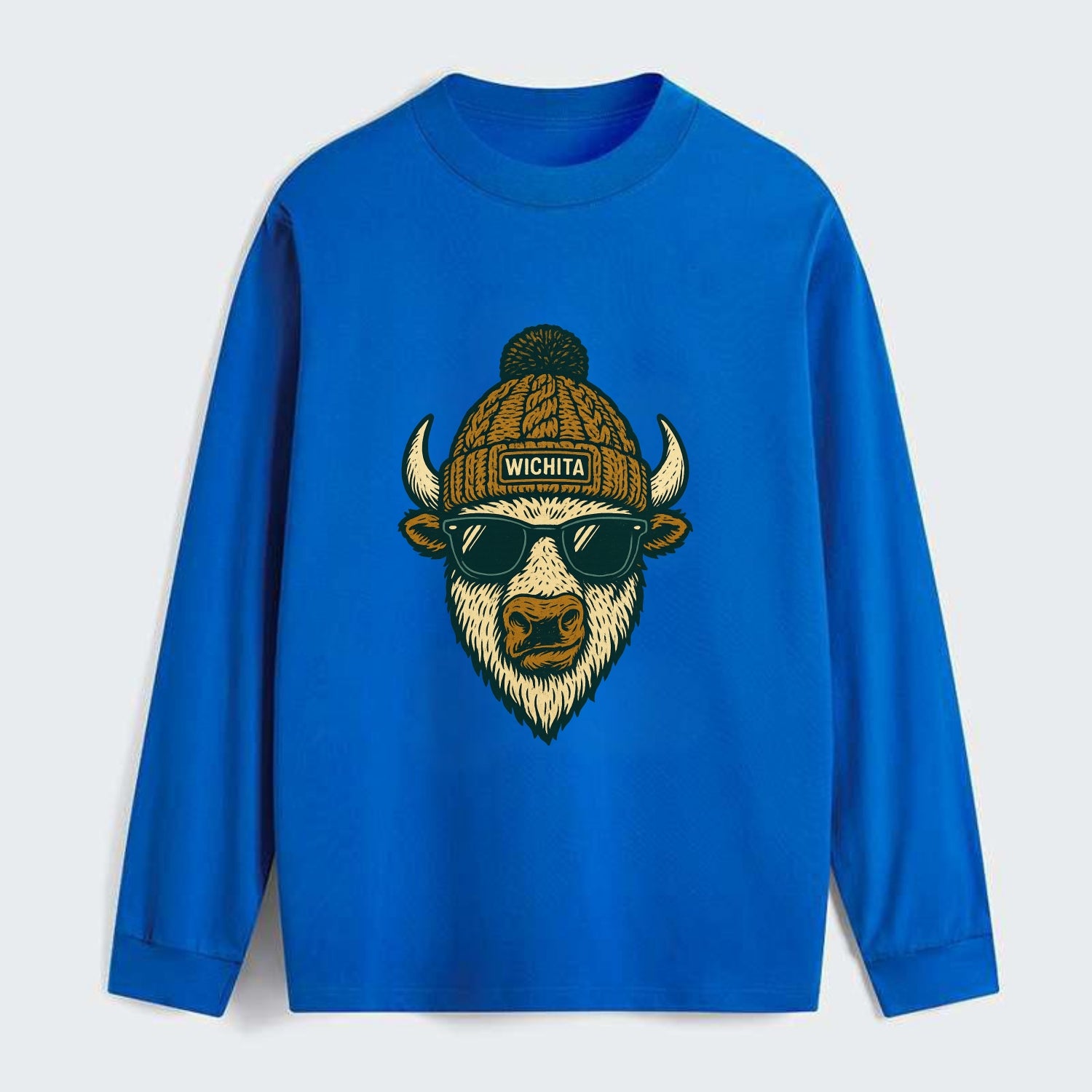 Kansas American Bison wearing Wichita beanie with pom pom and wayfarer - Classic Long Sleeve Shirt - Blue