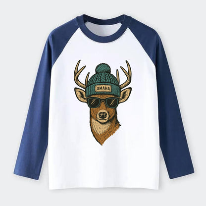 Nebraska White-tailed Deer wearing Omaha beanie with pom pom and - Raglan Long Sleeve T-Shirt - Blue