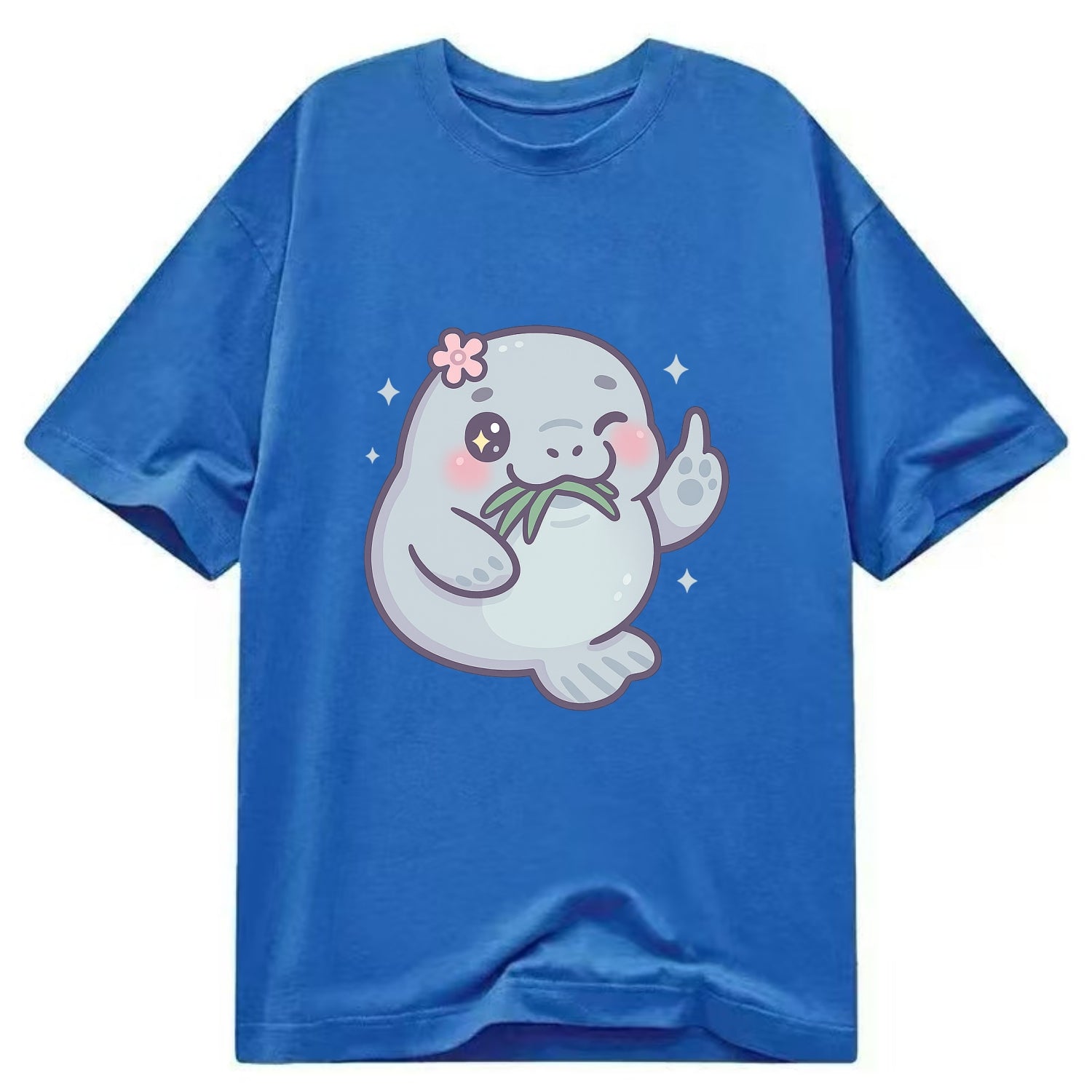 chubby manatee munching on seagrass, one flipper raised with sass - Classic T-shirt - Blue