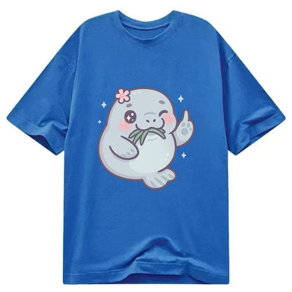 chubby manatee munching on seagrass, one flipper raised with sass - Classic T-shirt - Blue