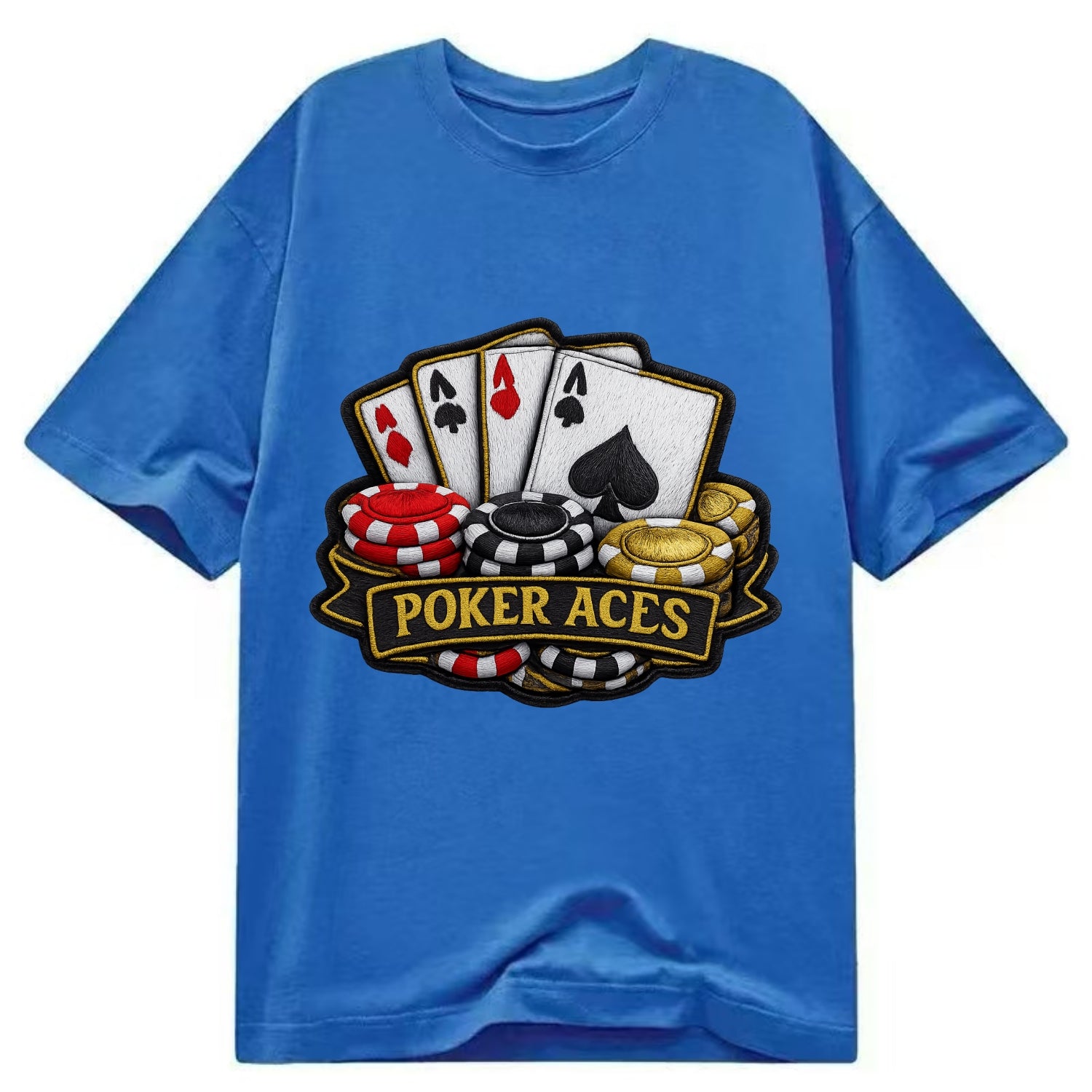 Embroidered patch design - POKER ACES - four aces with chips in red, black and - Classic T-shirt - Blue