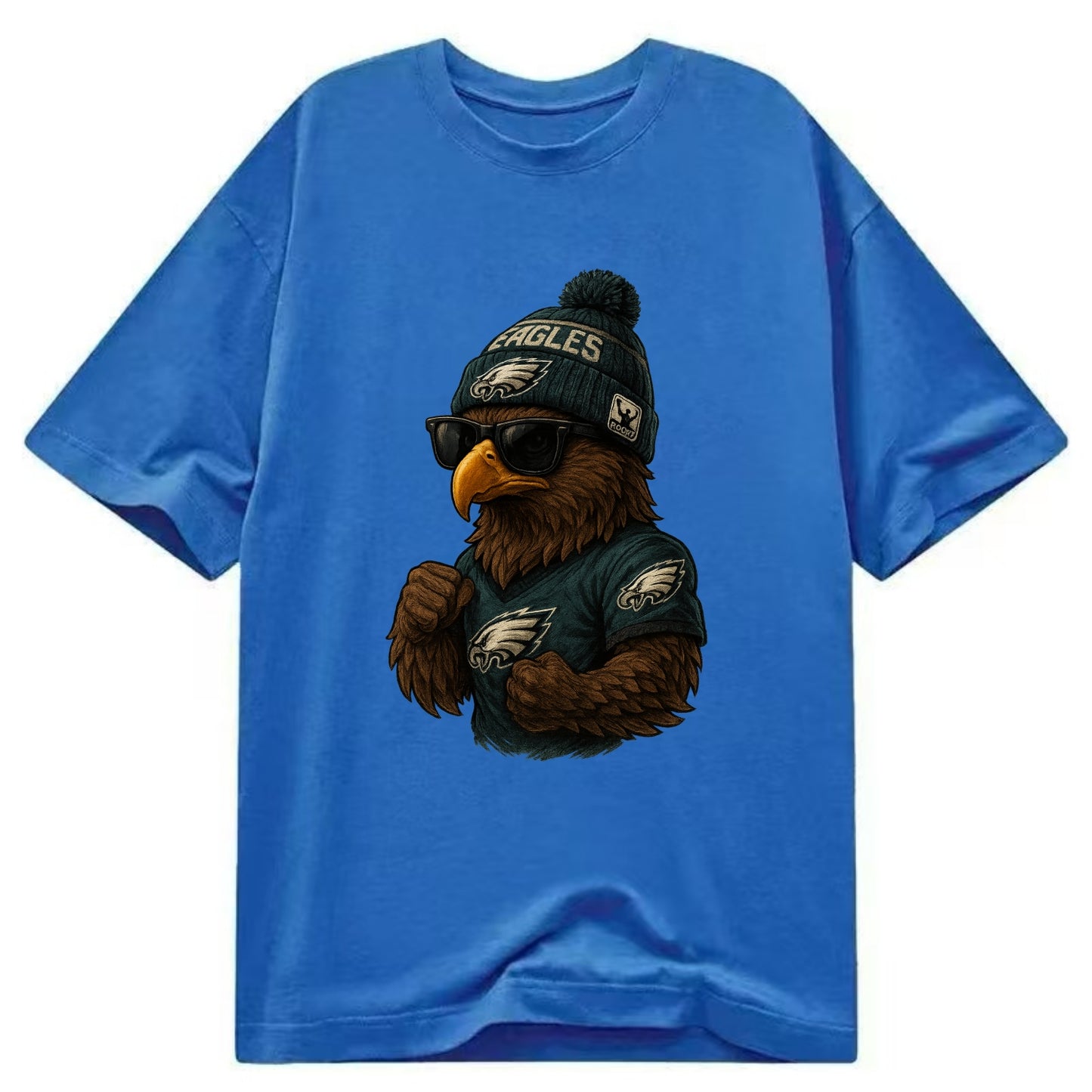 Philly Hawk wearing Eagles beanie with Rocky patch and wayfarer sunglasses - Classic T-shirt - Blue
