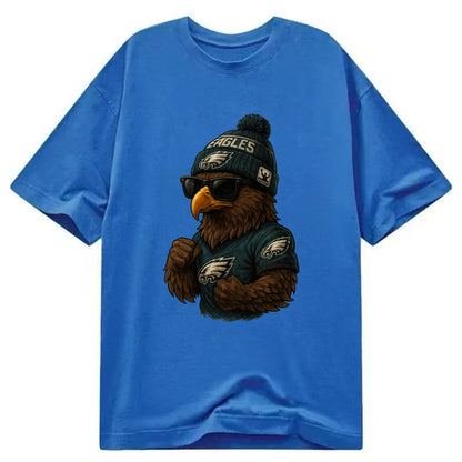 Philly Hawk wearing Eagles beanie with Rocky patch and wayfarer sunglasses - Classic T-shirt - Blue