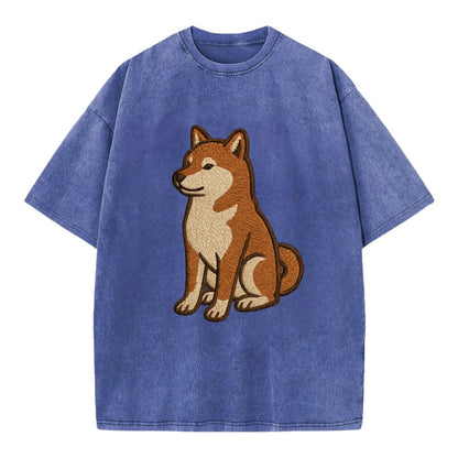 Shiba Inu - Red sesame embroidered sitti Vintage T-shirt - Blue