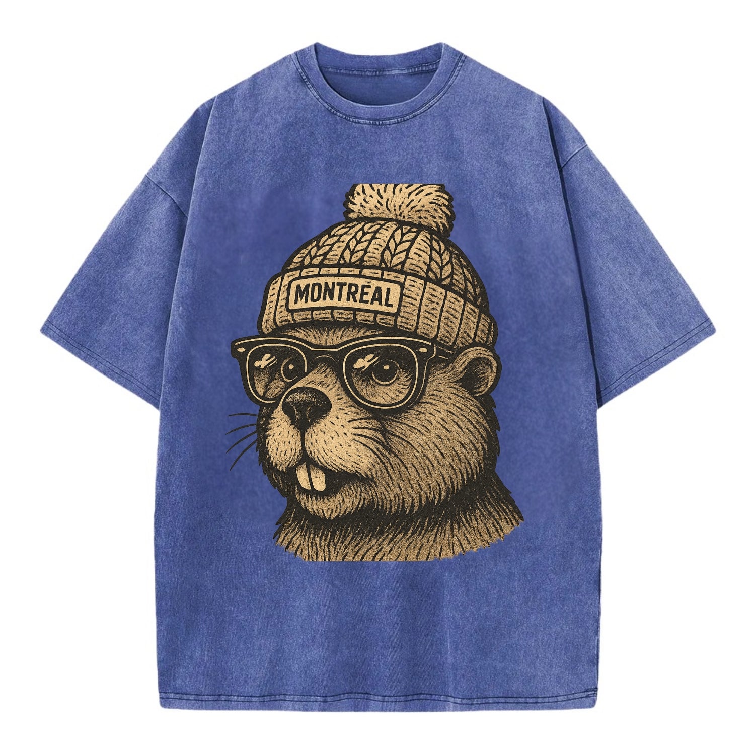 Montreal Beaver wearing Montreal beanie with pom pom and wayfarer sunglasses - Vintage T-shirt - Blue