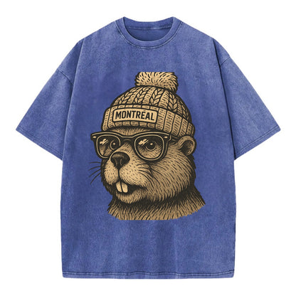 Montreal Beaver wearing Montreal beanie with pom pom and wayfarer sunglasses - Vintage T-shirt - Blue