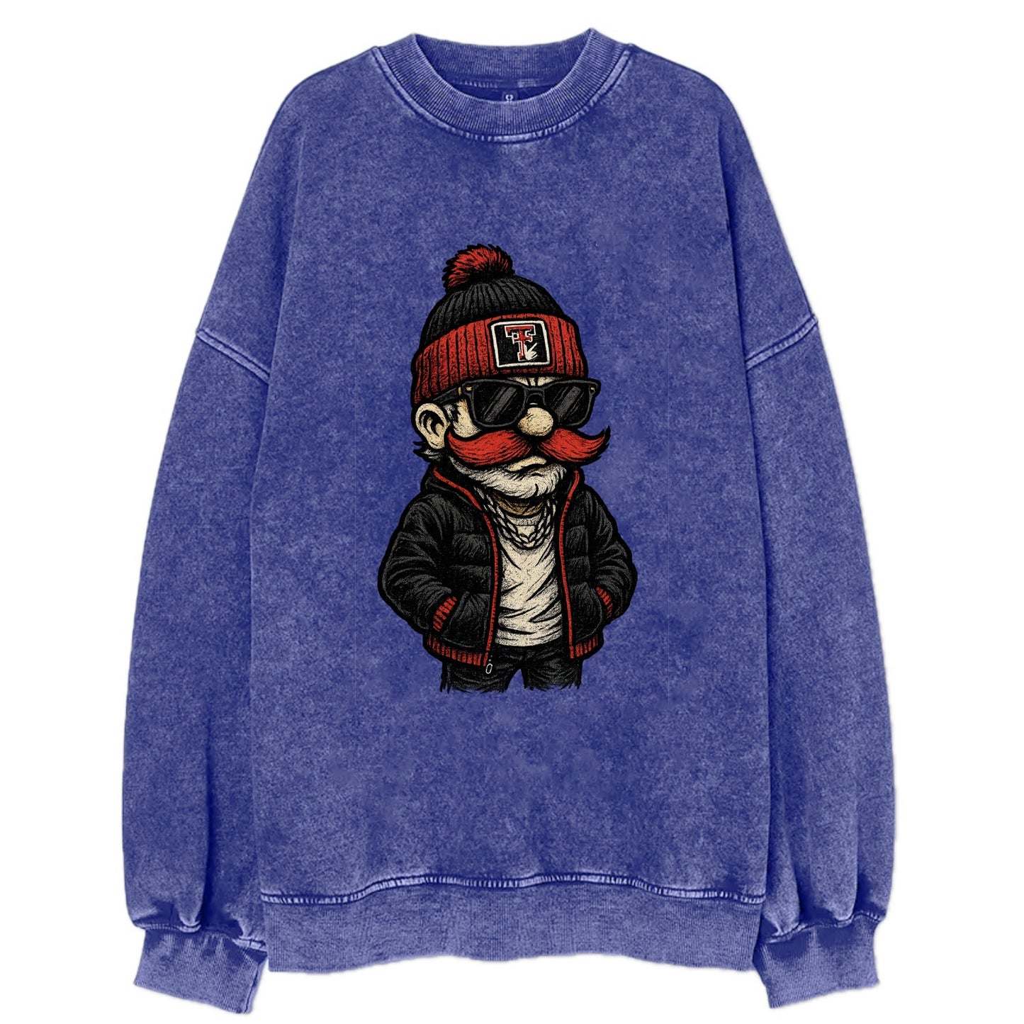 Lubbock Raider wearing Texas Tech beanie with guns up patch - Vintage Sweatshirt - Blue