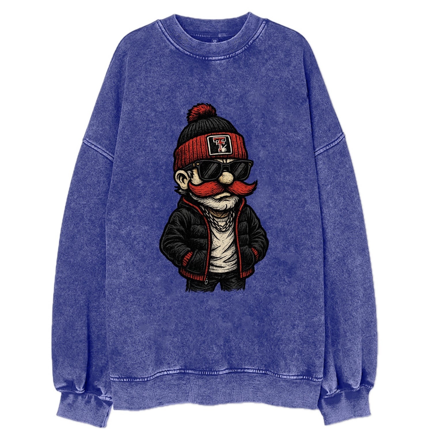 Lubbock Raider wearing Texas Tech beanie with guns up patch - Vintage Sweatshirt - Blue